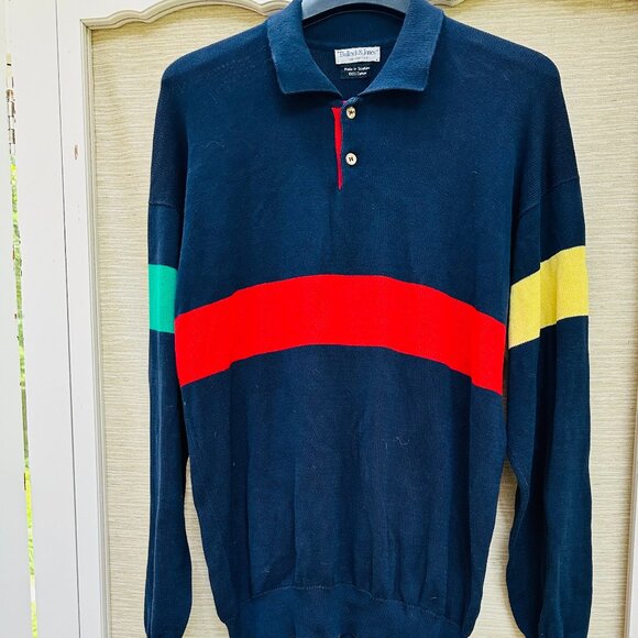Vintage 80s Collared Knit Shirt Navy Red Green Yellow Business Casual Men's XL - Picture 1 of 6